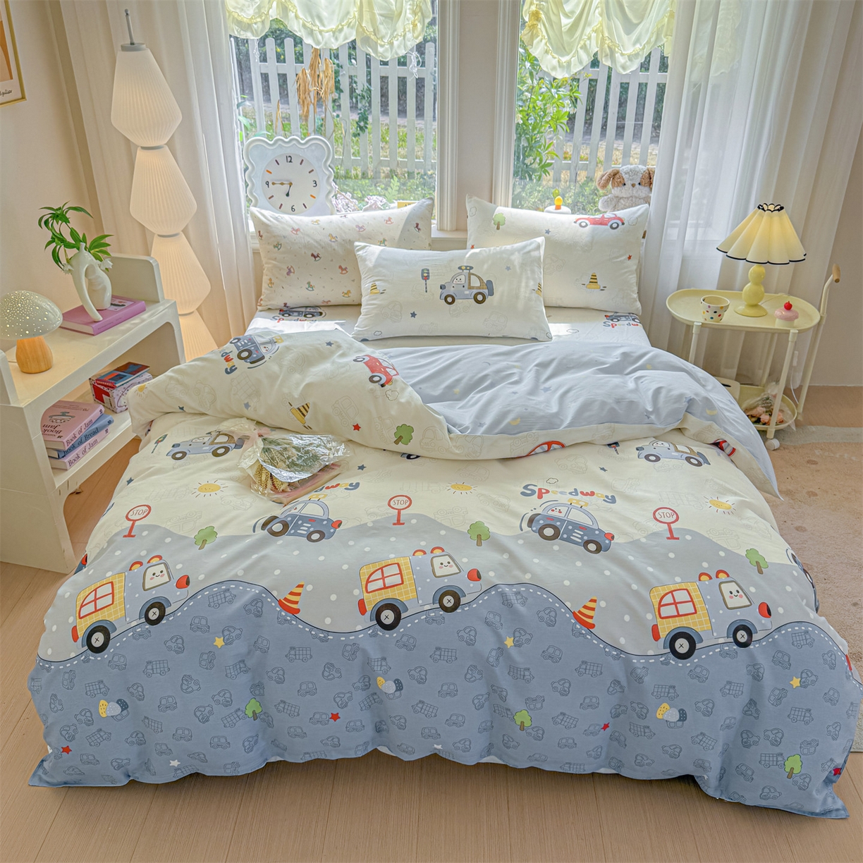 91家纺网 家纺一手货源 找家纺 优眠坊 2026新款全棉印花小清新单品系列-四件套    学生三件套（预留缩水） 汽车嘟嘟-四件套