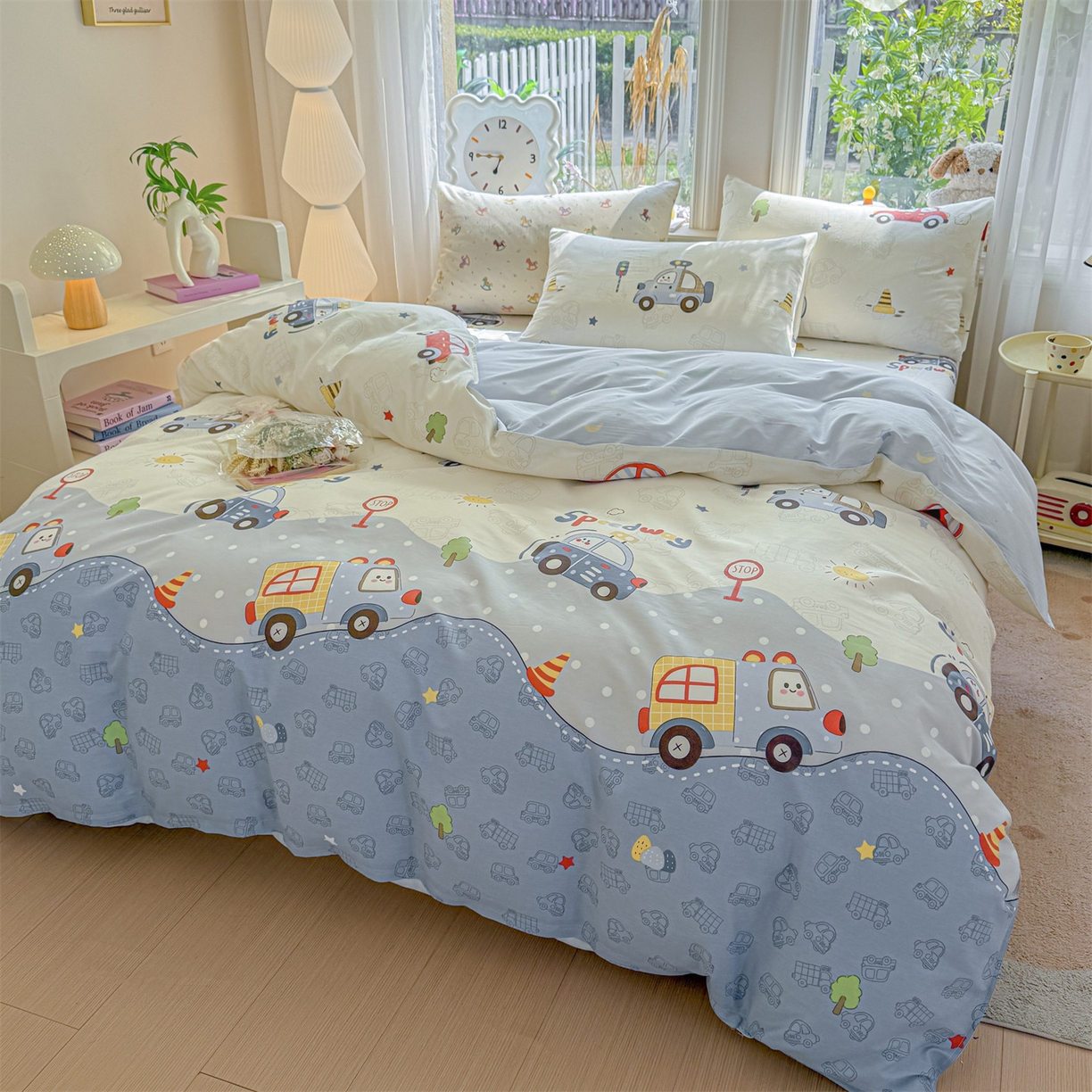 91家纺网 家纺一手货源 找家纺 优眠坊 2026新款全棉印花小清新单品系列-四件套    学生三件套（预留缩水） 汽车嘟嘟-四件套