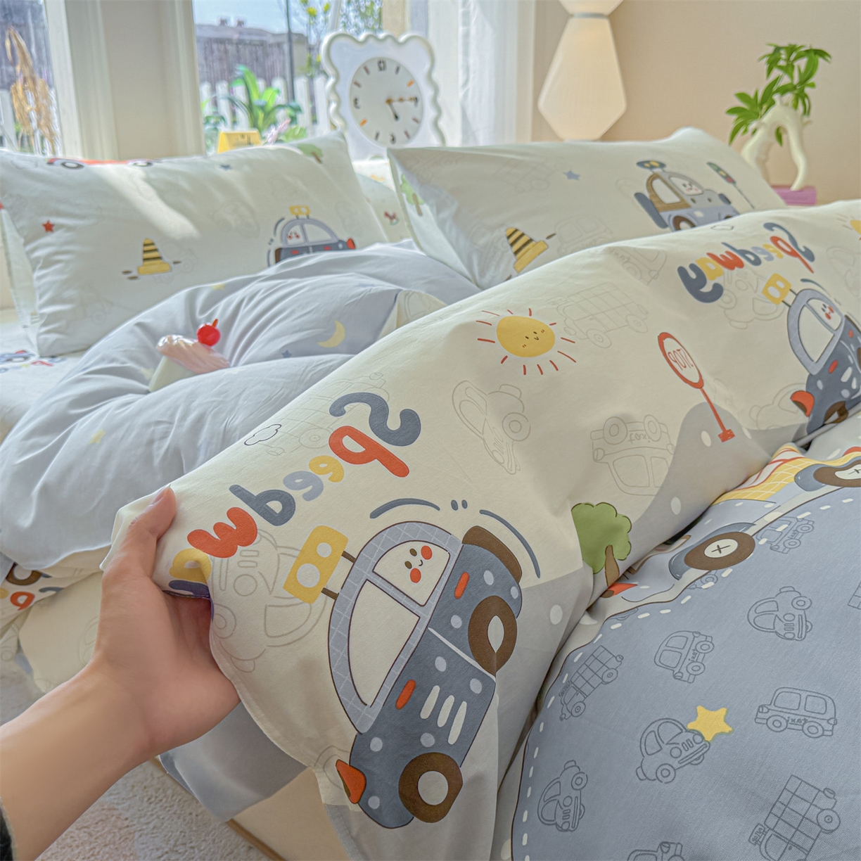 91家纺网 家纺一手货源 找家纺 优眠坊 2026新款全棉印花小清新单品系列-四件套    学生三件套（预留缩水） 汽车嘟嘟-四件套