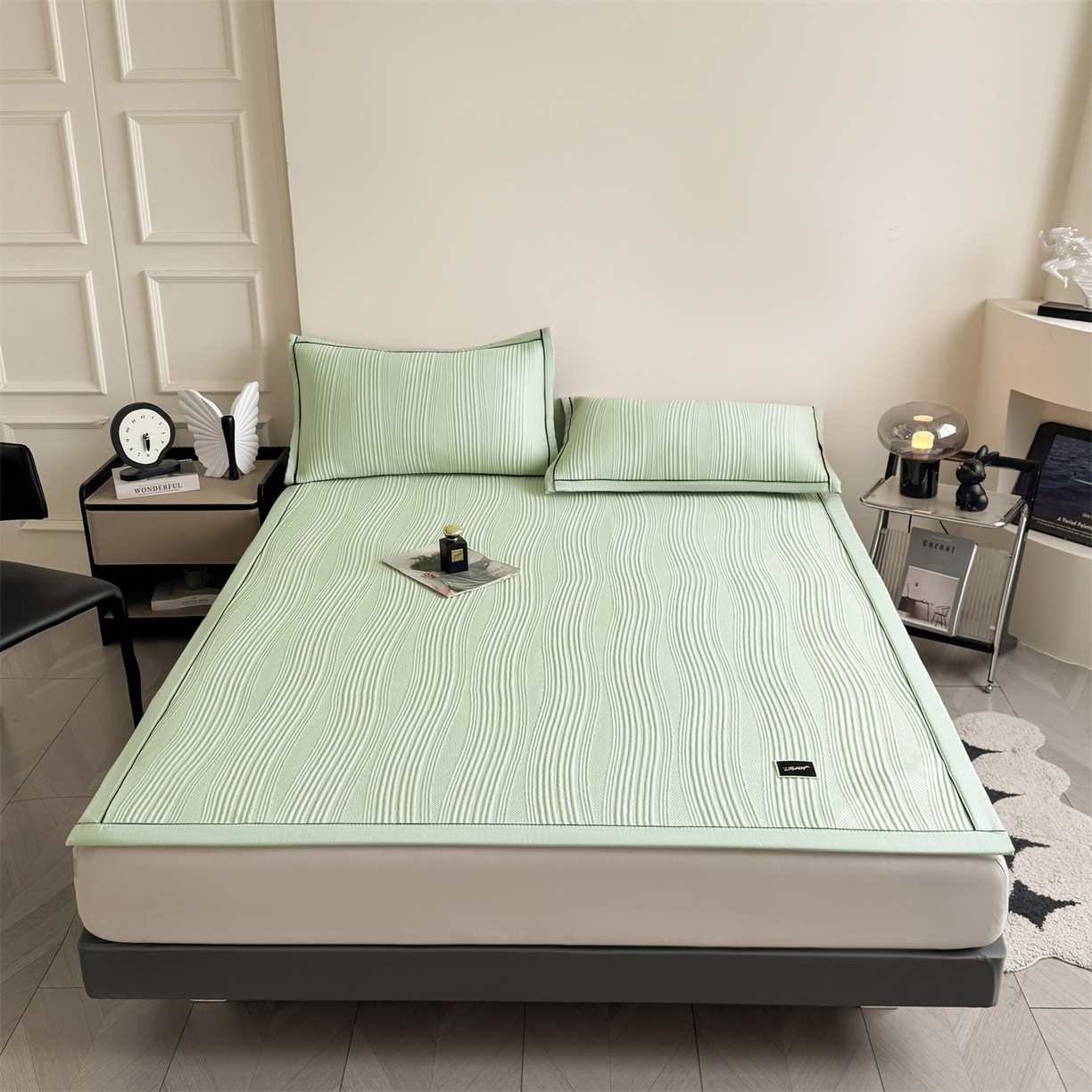 91家纺网 家纺一手货源 找家纺 慕木家纺 2026新款A类高克重三明治复合乙纶提花冰豆豆凉席床笠小蛮腰系列（提供买家秀） 小蛮腰-绿床席款