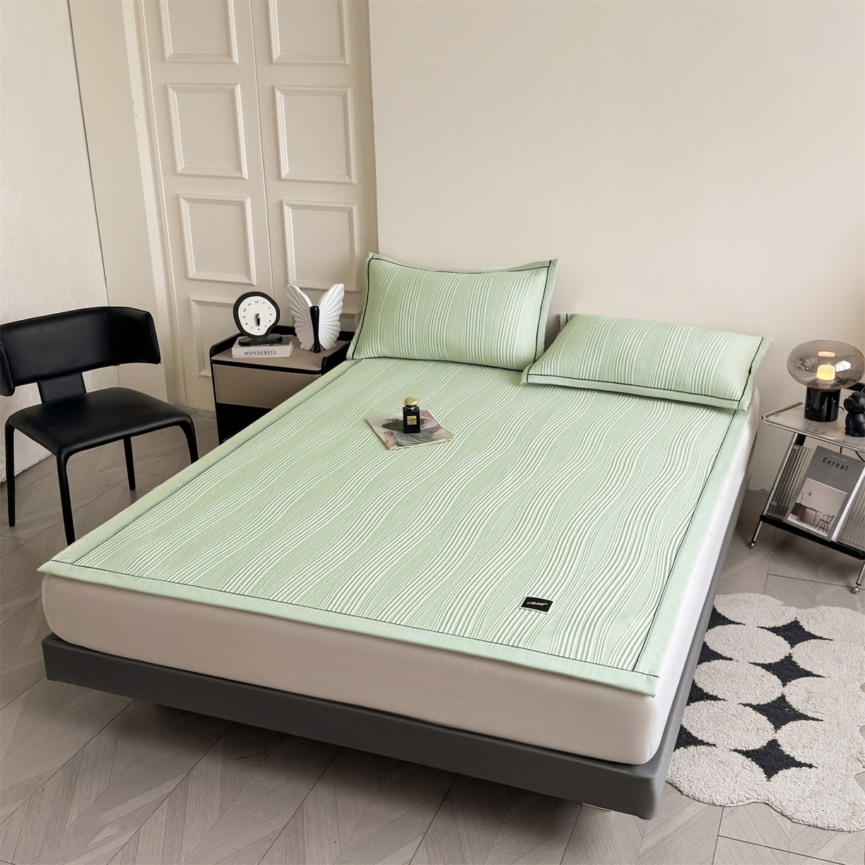 91家纺网 家纺一手货源 找家纺 慕木家纺 2026新款A类高克重三明治复合乙纶提花冰豆豆凉席床笠小蛮腰系列（提供买家秀） 小蛮腰-绿床席款