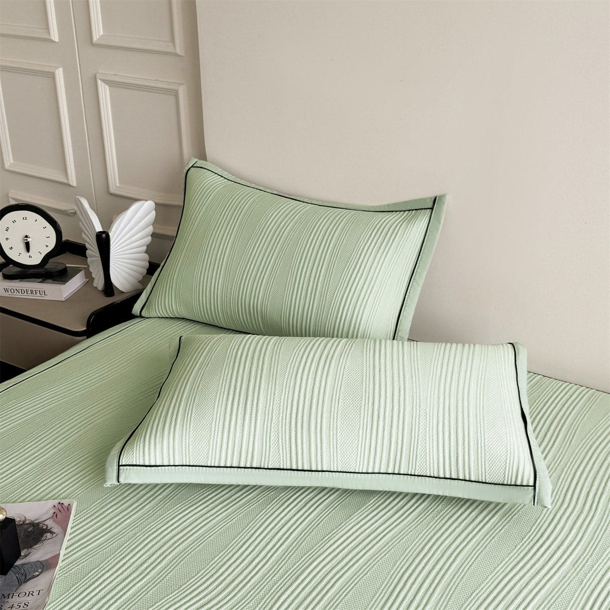 91家纺网 家纺一手货源 找家纺 慕木家纺 2026新款A类高克重三明治复合乙纶提花冰豆豆凉席床笠小蛮腰系列（提供买家秀） 小蛮腰-绿床席款