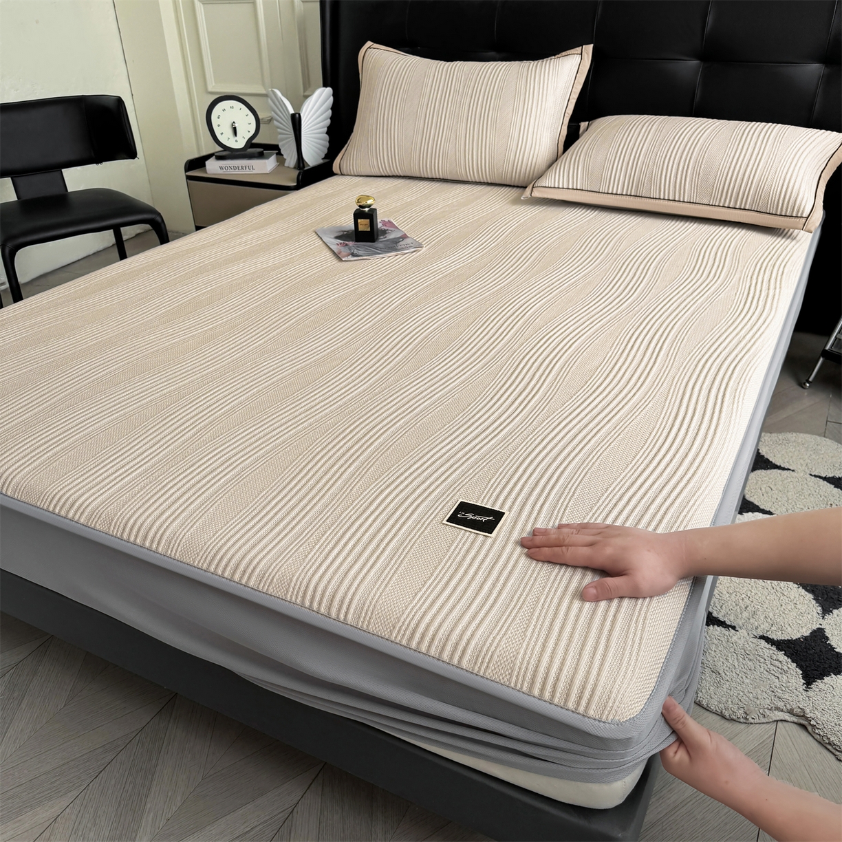 慕木家纺 2026新款A类高克重三明治复合乙纶提花冰豆豆凉席床笠小蛮腰系列（提供买家秀） 小蛮腰-卡其床笠款