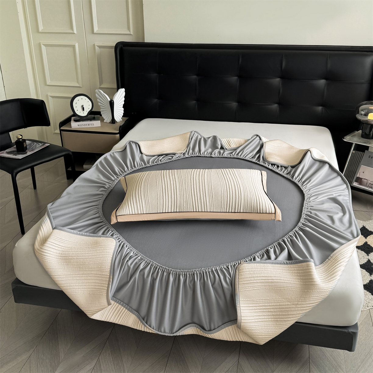 91家纺网 家纺一手货源 找家纺 慕木家纺 2026新款A类高克重三明治复合乙纶提花冰豆豆凉席床笠小蛮腰系列（提供买家秀） 小蛮腰-卡其床笠款