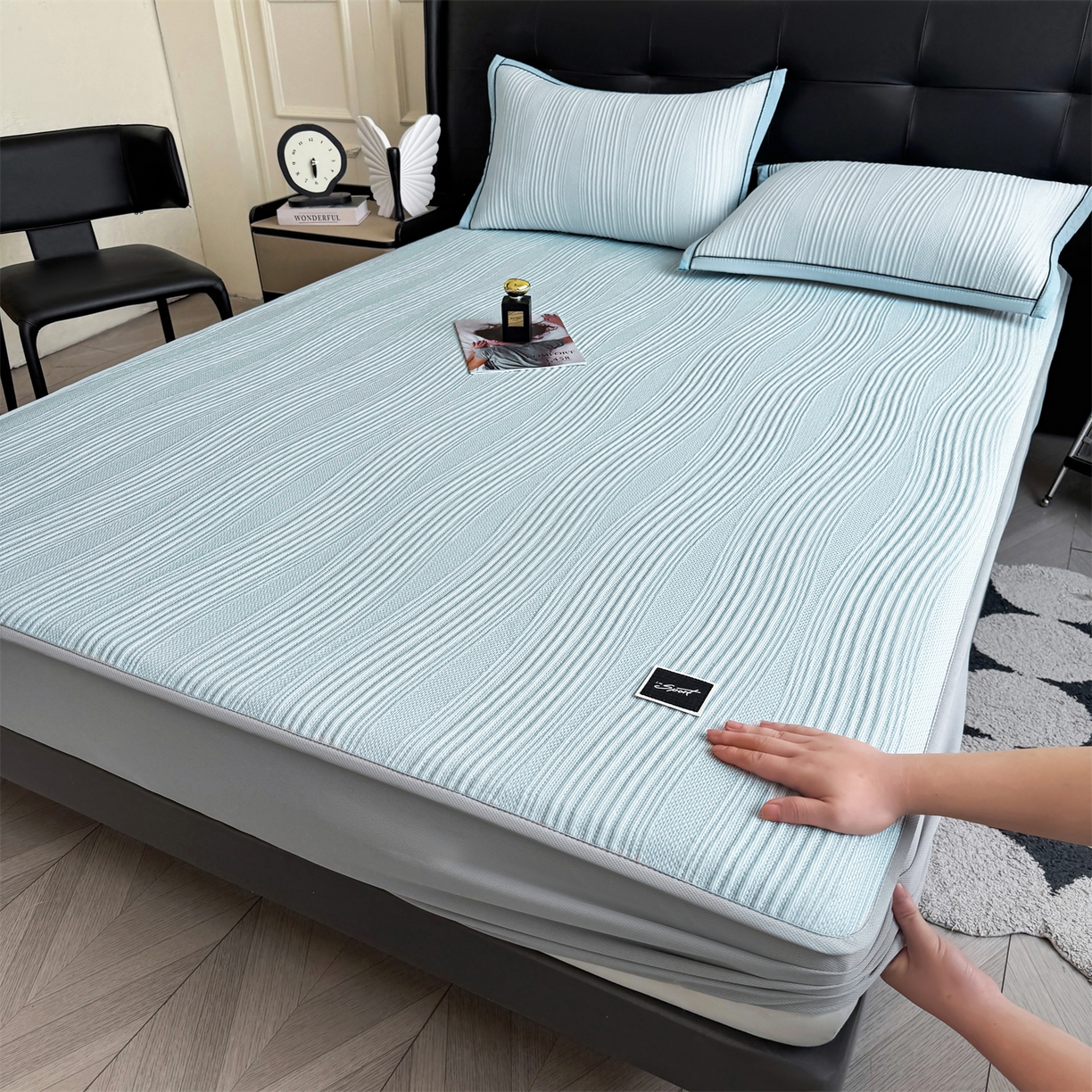 慕木家纺 2026新款A类高克重三明治复合乙纶提花冰豆豆凉席床笠小蛮腰系列（提供买家秀） 小蛮腰-蓝床笠款