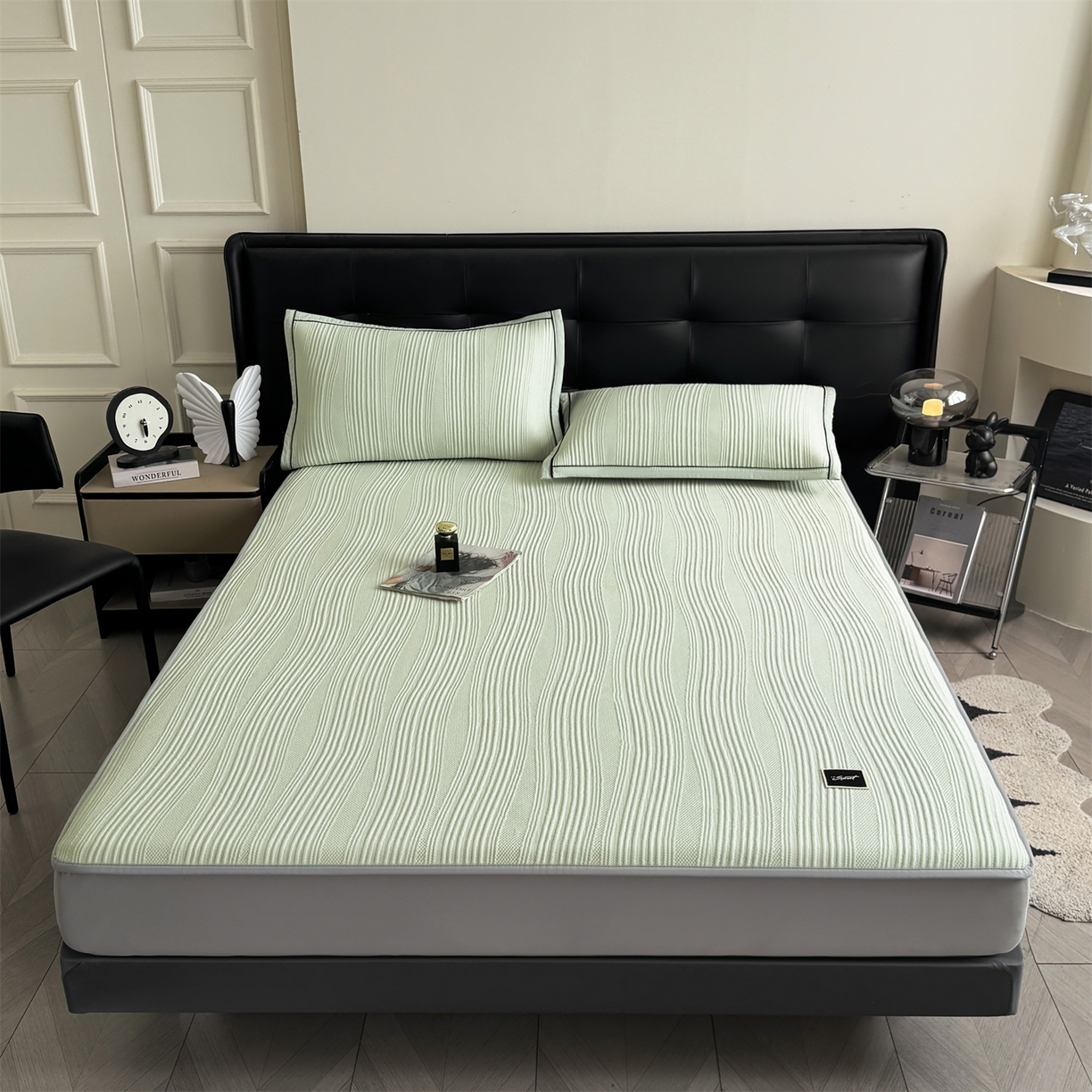 91家纺网 家纺一手货源 找家纺 慕木家纺 2026新款A类高克重三明治复合乙纶提花冰豆豆凉席床笠小蛮腰系列（提供买家秀） 小蛮腰-绿床笠款