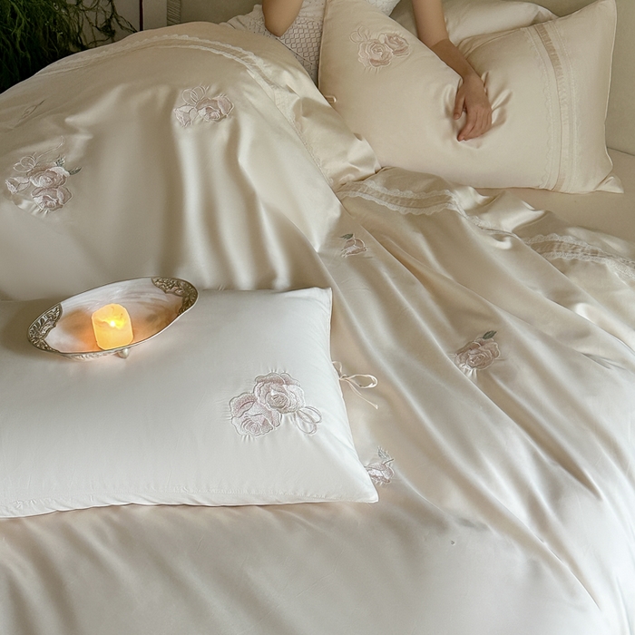 91家纺网 家纺一手货源 找家纺 树下 2026新款A类100支50S双股刺绣高支高密贡缎长绒棉四件套-柔堇 柔堇-粉