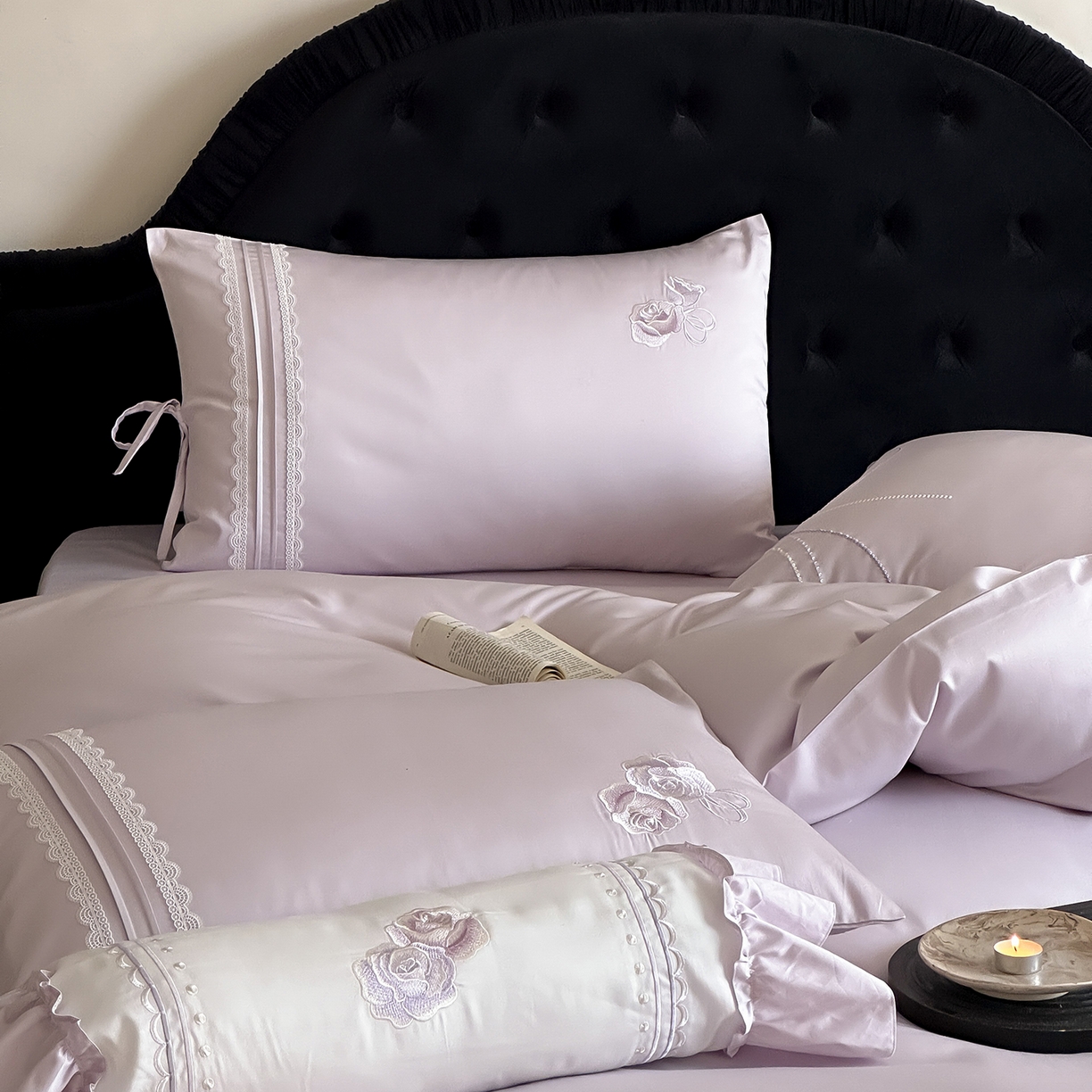 91家纺网 家纺一手货源 找家纺 （总）树下 2026新款A类100支50S双股刺绣高支高密贡缎长绒棉四件套-柔堇