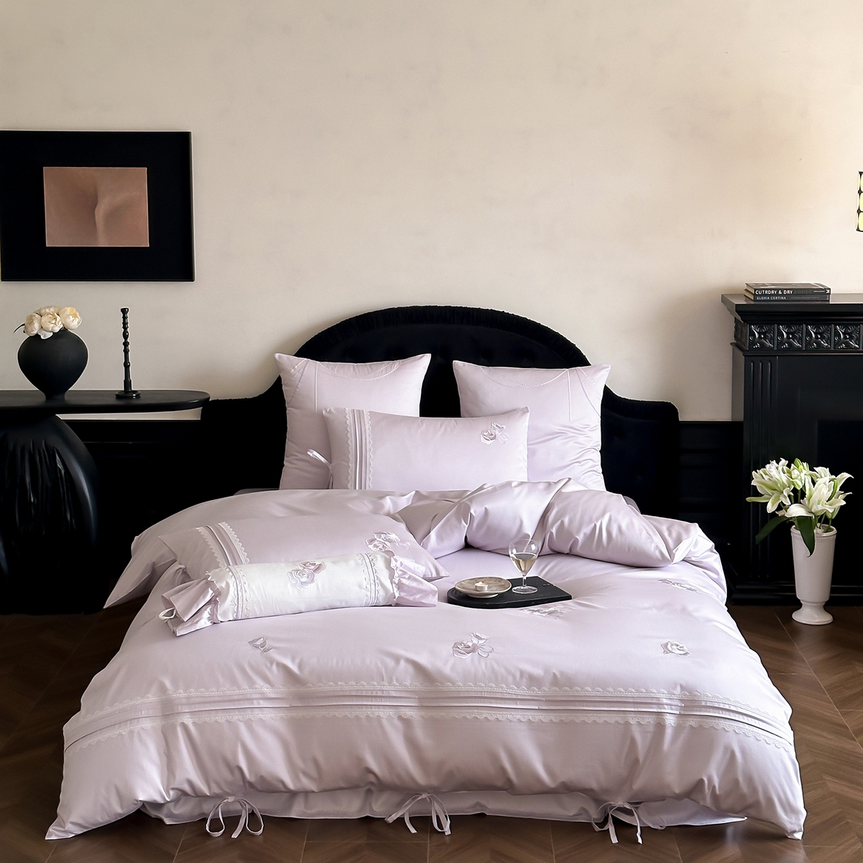 91家纺网 家纺一手货源 找家纺 （总）树下 2026新款A类100支50S双股刺绣高支高密贡缎长绒棉四件套-柔堇