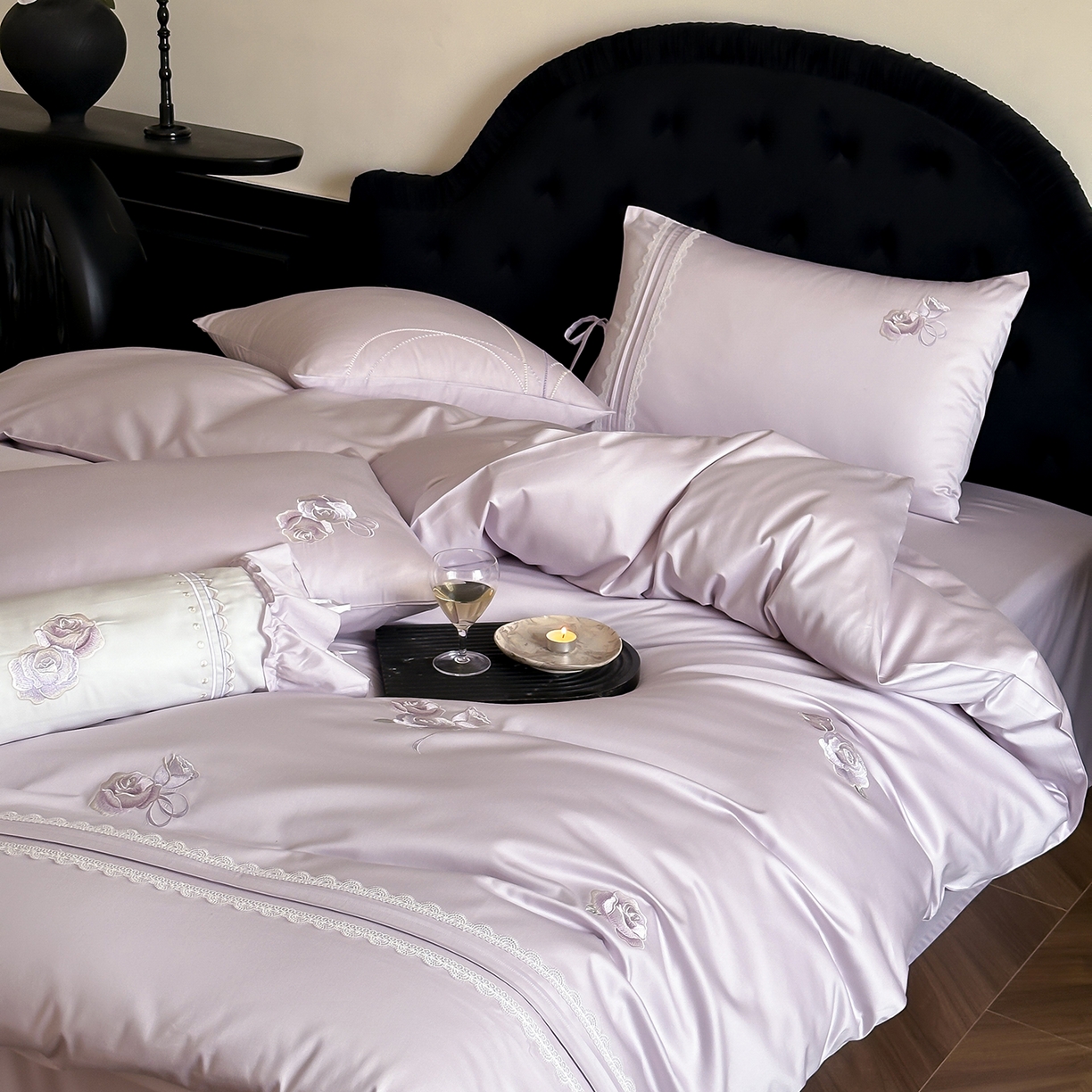 91家纺网 家纺一手货源 找家纺 （总）树下 2026新款A类100支50S双股刺绣高支高密贡缎长绒棉四件套-柔堇