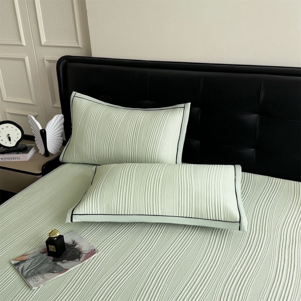 91家纺网 家纺一手货源 找家纺 慕木家纺 2026新款A类高克重三明治复合乙纶提花冰豆豆凉席床笠小蛮腰系列（提供买家秀） 小蛮腰-绿床笠款