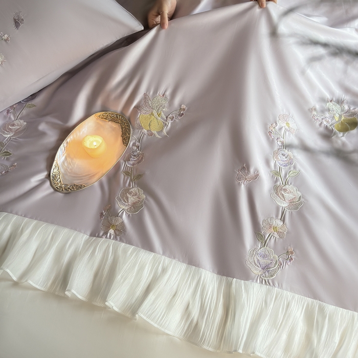 91家纺网 家纺一手货源 找家纺 树下 2026新款100支50S双股 刺绣A类高支高密贡缎长绒棉四件套-花信 花信紫