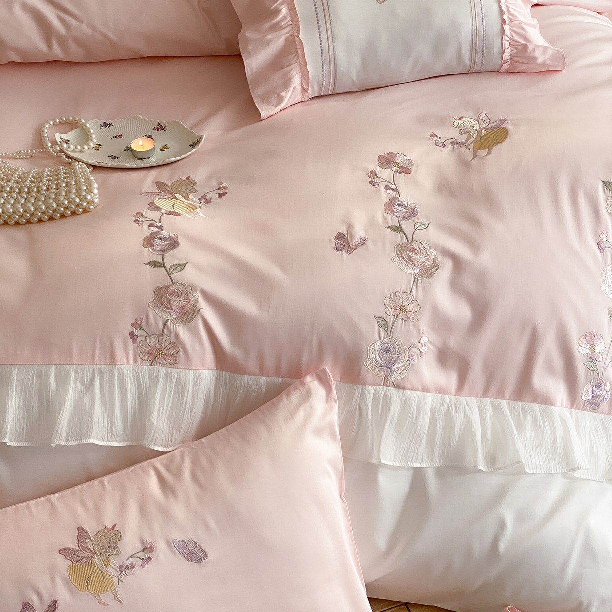 91家纺网 家纺一手货源 找家纺 （总）树下 2026新款100支50S双股 刺绣A类高支高密贡缎长绒棉四件套-花信