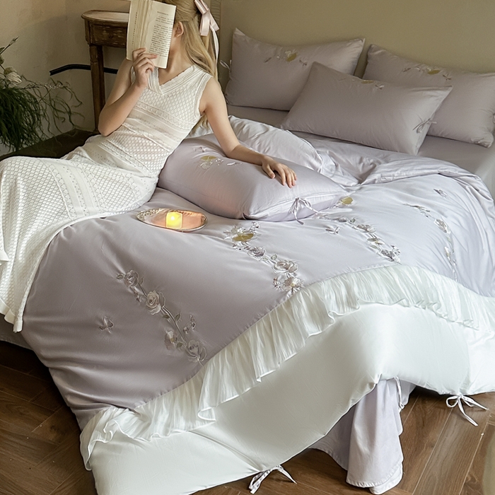 91家纺网 家纺一手货源 找家纺 树下 2026新款100支50S双股 刺绣A类高支高密贡缎长绒棉四件套-花信 花信紫