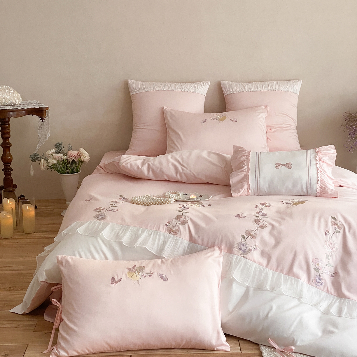 91家纺网 家纺一手货源 找家纺 （总）树下 2026新款100支50S双股 刺绣A类高支高密贡缎长绒棉四件套-花信