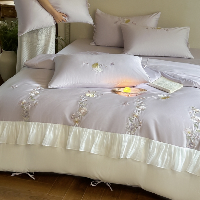 91家纺网 家纺一手货源 找家纺 树下 2026新款100支50S双股 刺绣A类高支高密贡缎长绒棉四件套-花信 花信紫