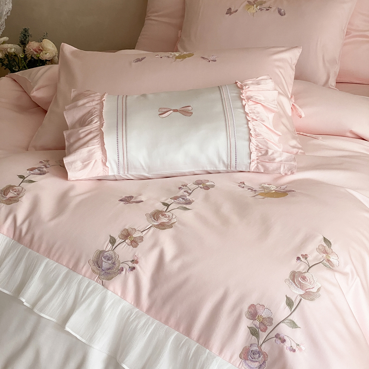 91家纺网 家纺一手货源 找家纺 （总）树下 2026新款100支50S双股 刺绣A类高支高密贡缎长绒棉四件套-花信