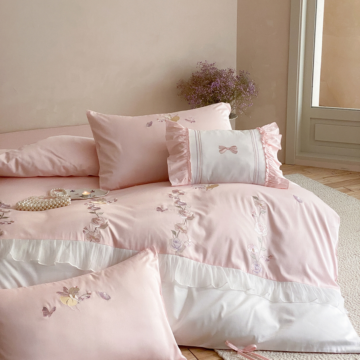 91家纺网 家纺一手货源 找家纺 （总）树下 2026新款100支50S双股 刺绣A类高支高密贡缎长绒棉四件套-花信