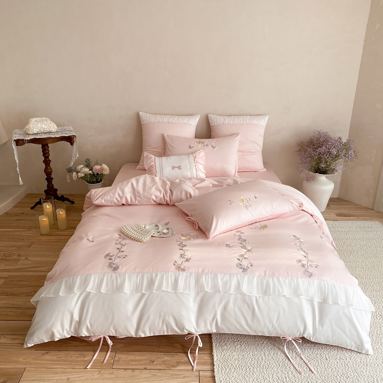 91家纺网 家纺一手货源 找家纺 树下 2026新款100支50S双股 刺绣A类高支高密贡缎长绒棉四件套-花信 花信粉