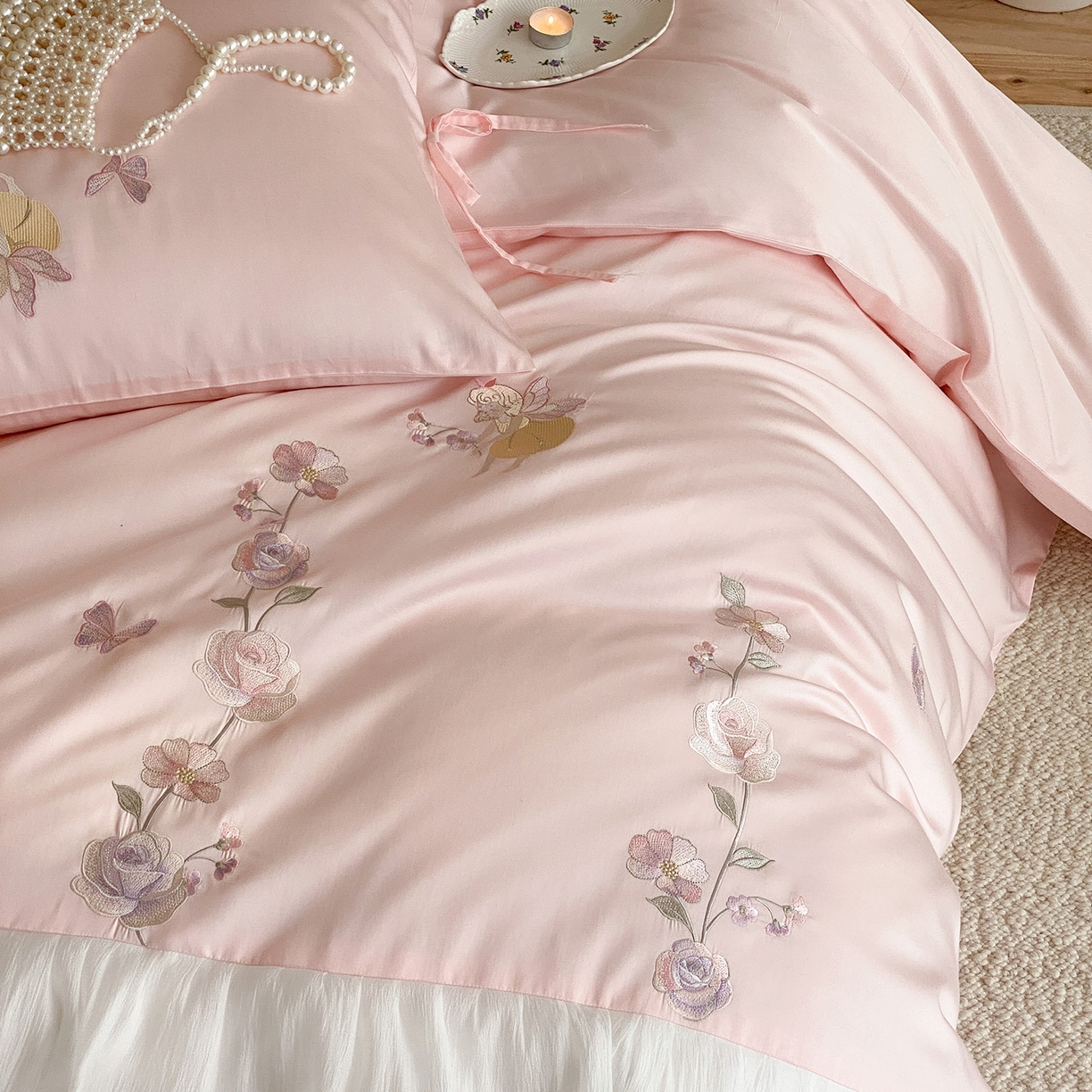 91家纺网 家纺一手货源 找家纺 树下 2026新款100支50S双股 刺绣A类高支高密贡缎长绒棉四件套-花信 花信粉