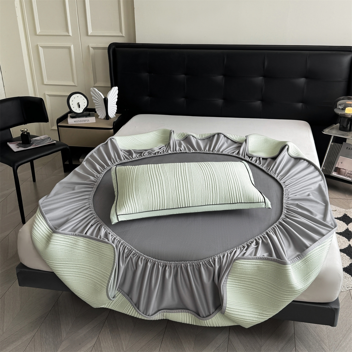 91家纺网 家纺一手货源 找家纺 慕木家纺 2026新款A类高克重三明治复合乙纶提花冰豆豆凉席床笠小蛮腰系列（提供买家秀） 小蛮腰-绿床笠款