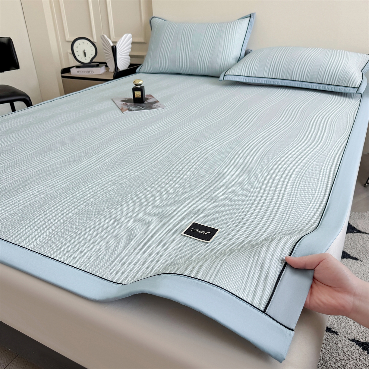 91家纺网 家纺一手货源 找家纺 （总）慕木家纺 2026新款A类高克重三明治复合乙纶提花冰豆豆凉席床笠小蛮腰系列（提供买家秀）