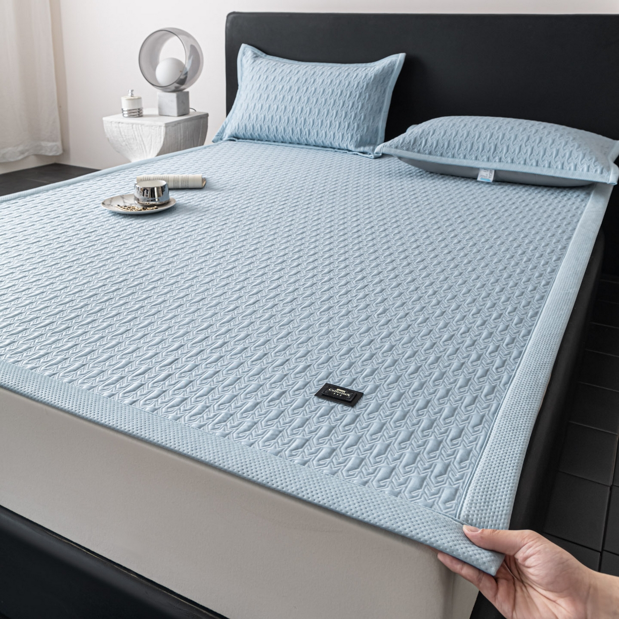 91家纺网 家纺一手货源 找家纺 慕木家纺 2026新款高端复合三明治PE乙纶提花610克冰豆豆凉席欧洛菲系列（提供买家秀） 组合图床席款