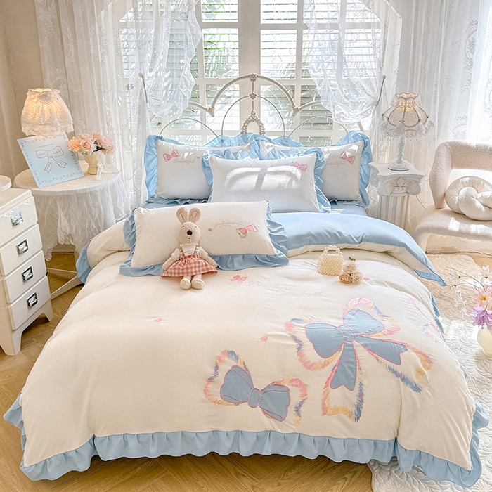 绒棉世家 2026新款水洗棉贴布绣专版四件套 邂逅蝴蝶结蓝