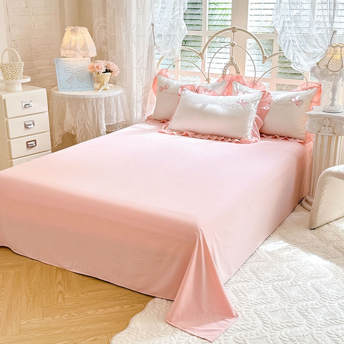 91家纺网 家纺一手货源 找家纺 绒棉世家 2026新款水洗棉贴布绣专版四件套 邂逅蝴蝶结粉