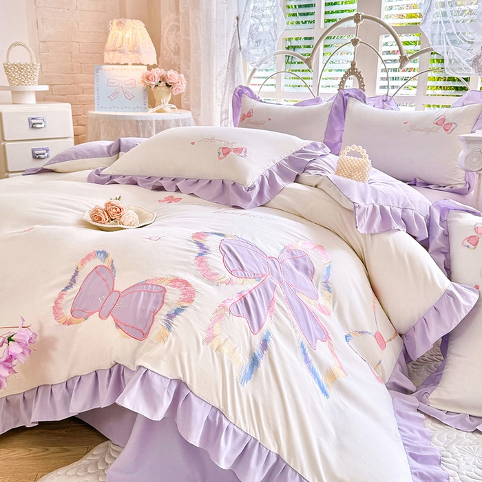 91家纺网 家纺一手货源 找家纺 绒棉世家 2026新款水洗棉贴布绣专版四件套 邂逅蝴蝶结紫
