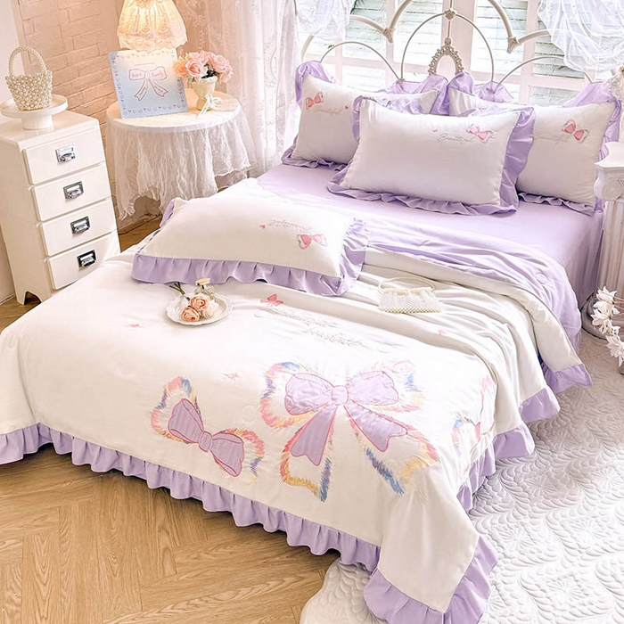 绒棉世家 2026新款水洗棉贴布绣专版夏被四件套 邂逅蝴蝶结紫