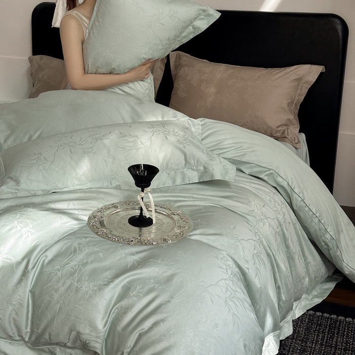 91家纺网 家纺一手货源 找家纺 睡棉坊 2026新款双股长绒棉四件套埋绳款全棉提花四件套 兰亭序-婴儿绿