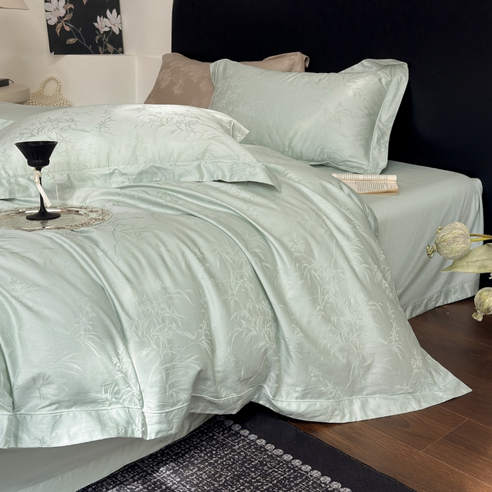 91家纺网 家纺一手货源 找家纺 睡棉坊 2026新款双股长绒棉四件套埋绳款全棉提花四件套 兰亭序-婴儿绿