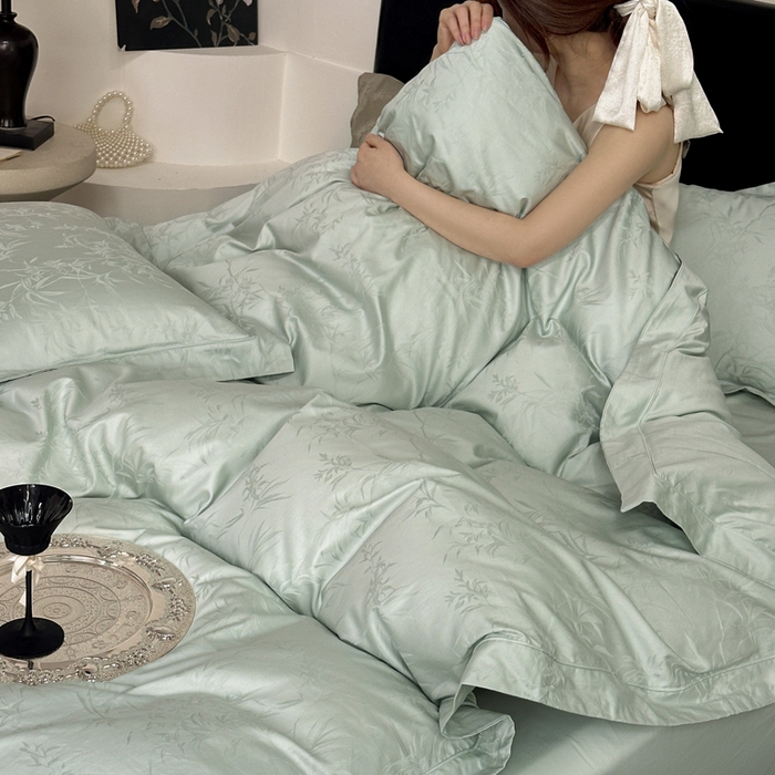 91家纺网 家纺一手货源 找家纺 睡棉坊 2026新款双股长绒棉四件套埋绳款全棉提花四件套 兰亭序-婴儿绿