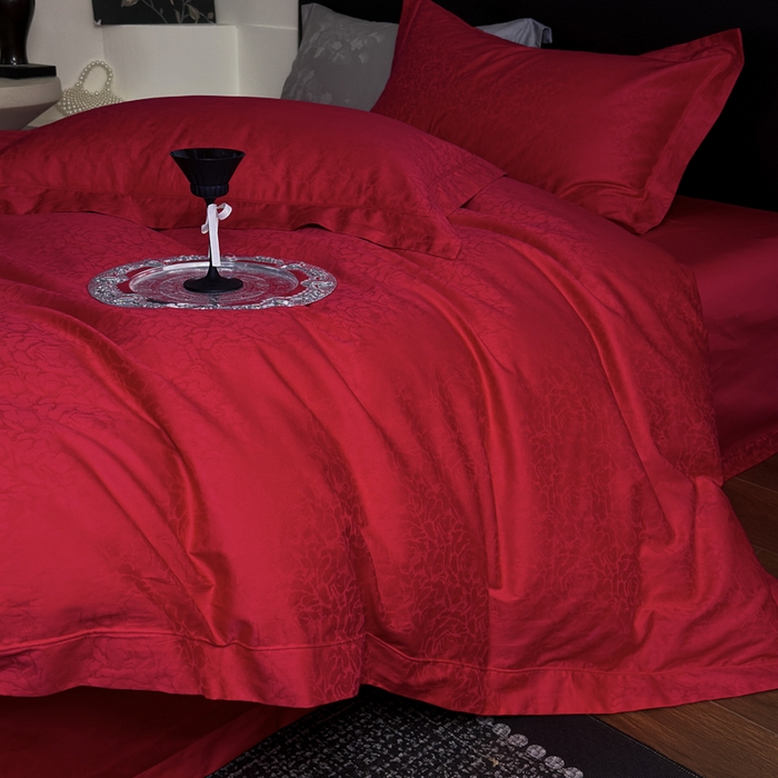 91家纺网 家纺一手货源 找家纺 睡棉坊 2026新款双股长绒棉四件套埋绳款全棉提花四件套 春光里-大红