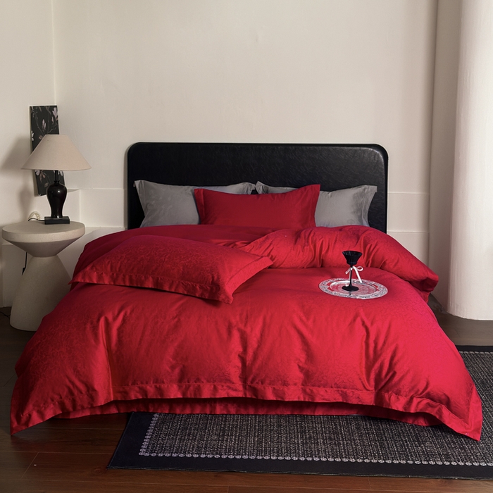 91家纺网 家纺一手货源 找家纺 睡棉坊 2026新款双股长绒棉四件套埋绳款全棉提花四件套 春光里-大红