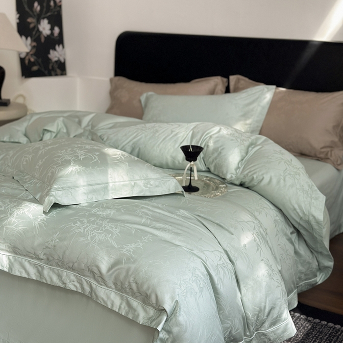 91家纺网 家纺一手货源 找家纺 睡棉坊 2026新款双股长绒棉四件套埋绳款全棉提花四件套 兰亭序-婴儿绿