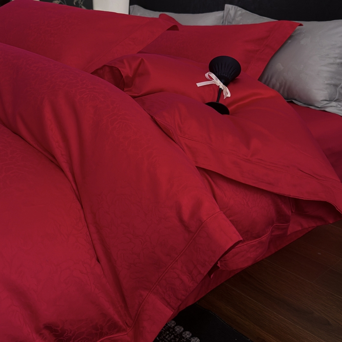 91家纺网 家纺一手货源 找家纺 睡棉坊 2026新款双股长绒棉四件套埋绳款全棉提花四件套 春光里-大红