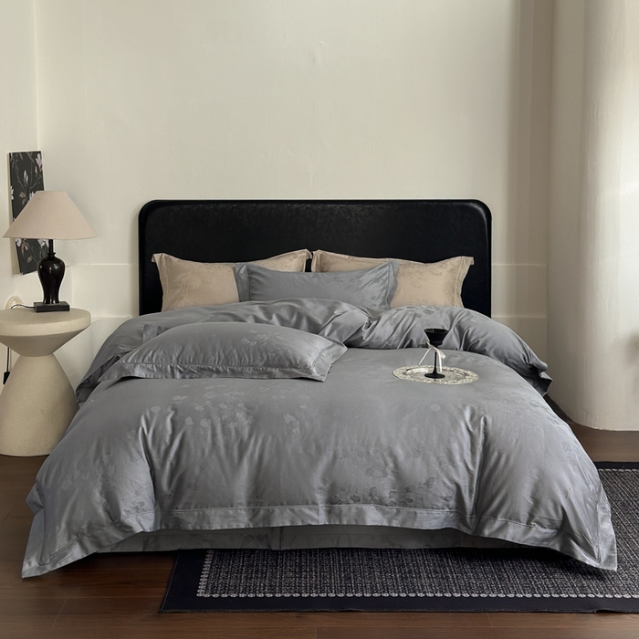 91家纺网 家纺一手货源 找家纺 睡棉坊 2026新款双股长绒棉四件套埋绳款全棉提花四件套 夕岚-钛钢灰