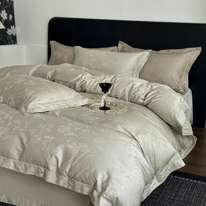 91家纺网 家纺一手货源 找家纺 睡棉坊 2026新款双股长绒棉四件套埋绳款全棉提花四件套 千恋花-豆灰绿