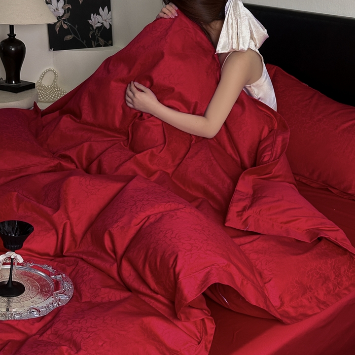 91家纺网 家纺一手货源 找家纺 睡棉坊 2026新款双股长绒棉四件套埋绳款全棉提花四件套 春光里-大红