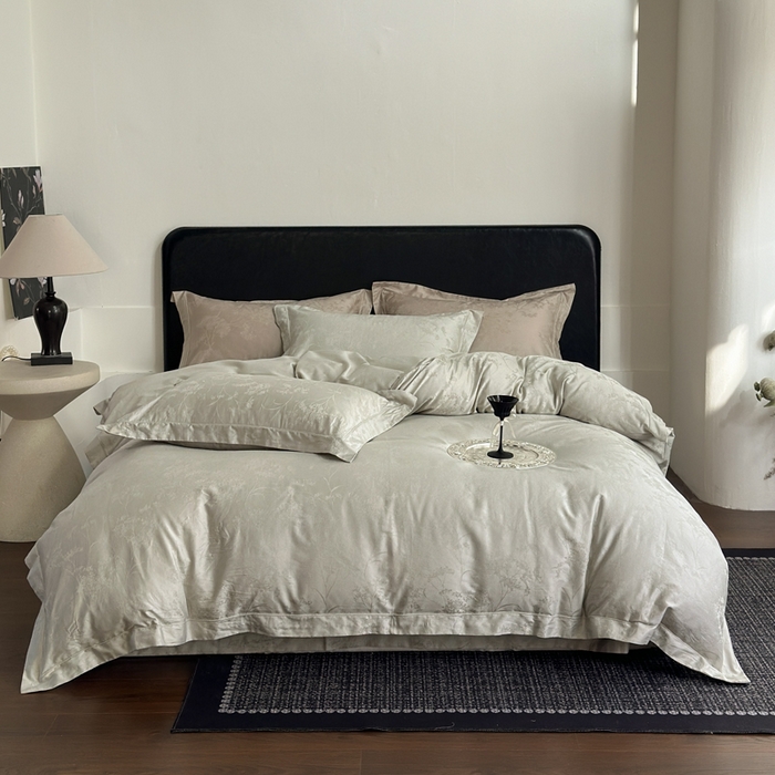 91家纺网 家纺一手货源 找家纺 睡棉坊 2026新款双股长绒棉四件套埋绳款全棉提花四件套 千恋花-豆灰绿