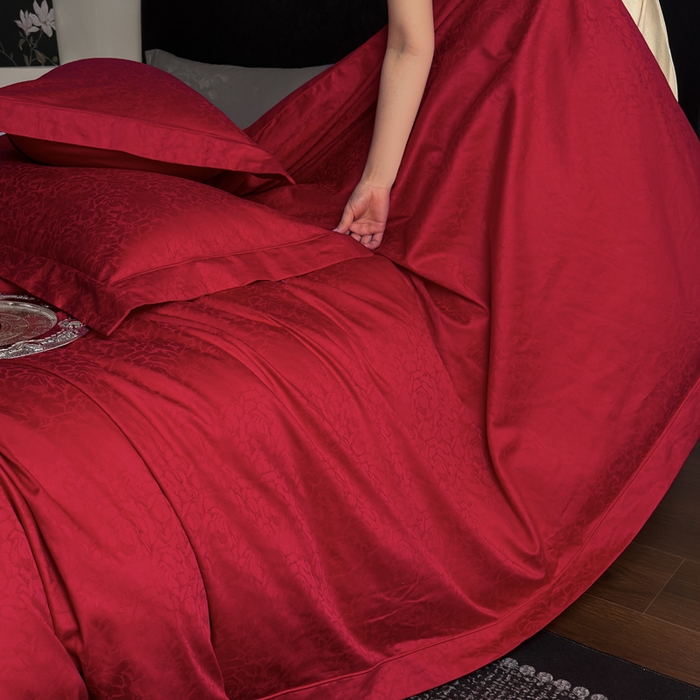 91家纺网 家纺一手货源 找家纺 睡棉坊 2026新款双股长绒棉四件套埋绳款全棉提花四件套 春光里-大红