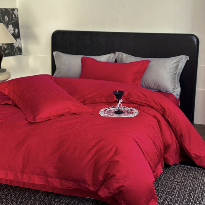 91家纺网 家纺一手货源 找家纺 睡棉坊 2026新款双股长绒棉四件套埋绳款全棉提花四件套 春光里-大红