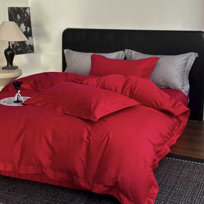 91家纺网 家纺一手货源 找家纺 睡棉坊 2026新款双股长绒棉四件套埋绳款全棉提花四件套 春光里-大红