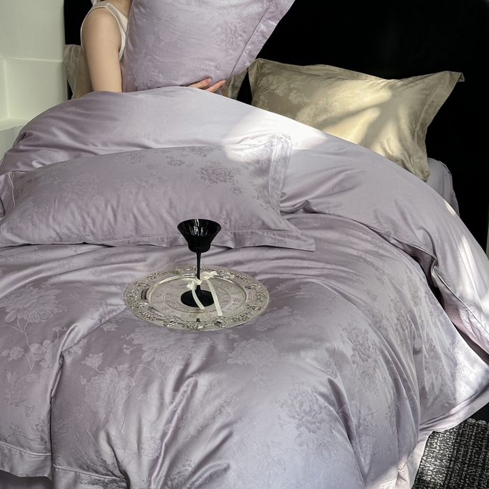 91家纺网 家纺一手货源 找家纺 睡棉坊 2026新款双股长绒棉四件套埋绳款全棉提花四件套 曼莎-紫雪绒