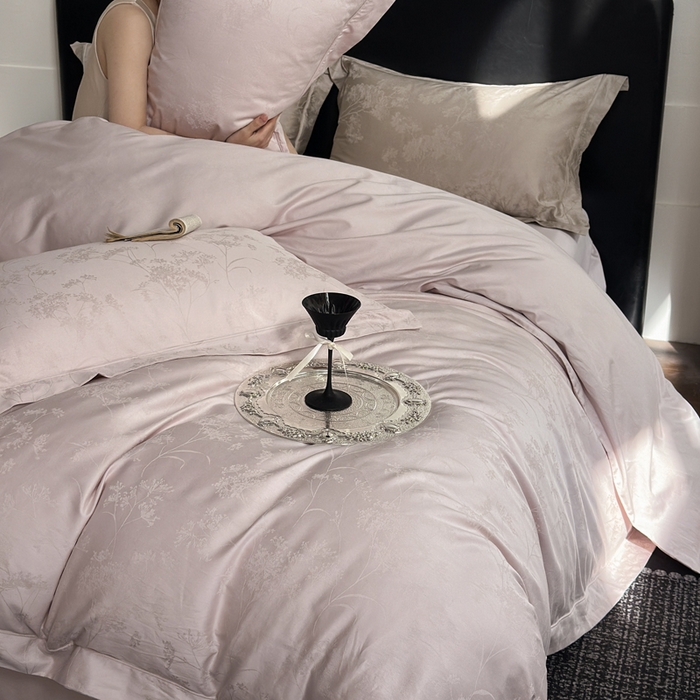 91家纺网 家纺一手货源 找家纺 睡棉坊 2026新款双股长绒棉四件套埋绳款全棉提花四件套 千恋花-糖花粉