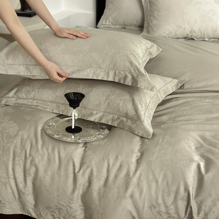 91家纺网 家纺一手货源 找家纺 睡棉坊 2026新款双股长绒棉四件套埋绳款全棉提花四件套 江山如画-星光银