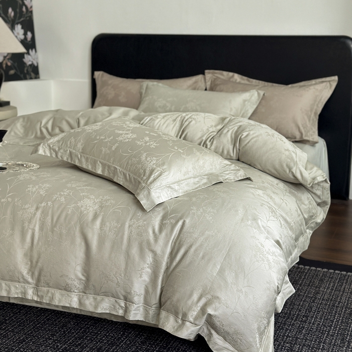 91家纺网 家纺一手货源 找家纺 睡棉坊 2026新款双股长绒棉四件套埋绳款全棉提花四件套 千恋花-豆灰绿