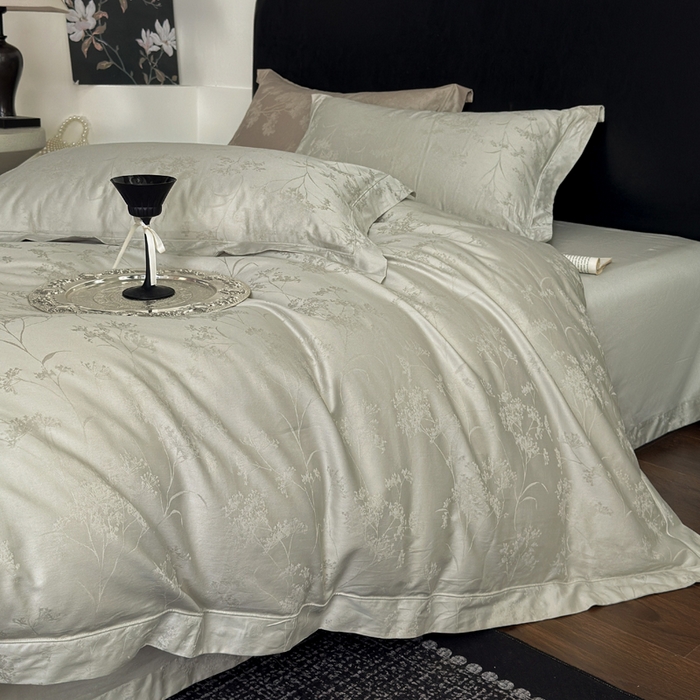 91家纺网 家纺一手货源 找家纺 睡棉坊 2026新款双股长绒棉四件套埋绳款全棉提花四件套 千恋花-豆灰绿